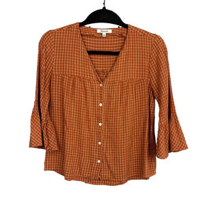 Madewell Gingham 3/4 Bell Sleeve Boho Contemporary Button Down Blouse Size XS